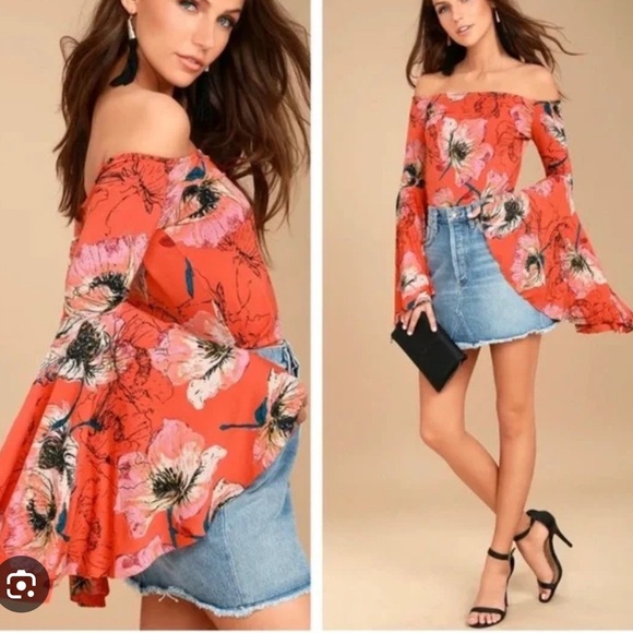 We The Free Size SP Asymmetrical Pleated Blouse Floral off shoulder Bell Sleeve - Picture 1 of 8